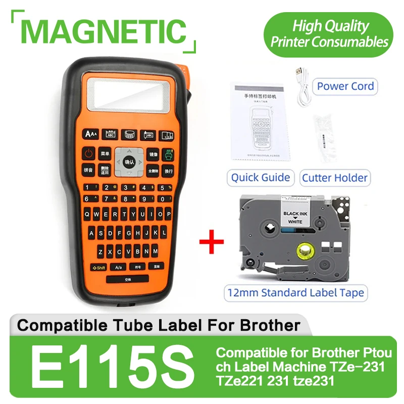 

Printer E115S Tube Label Printer Sticker & Label Tape 12mm Compatible for Brother Ptouch Label Machine TZe-231 TZe221 231 tze231