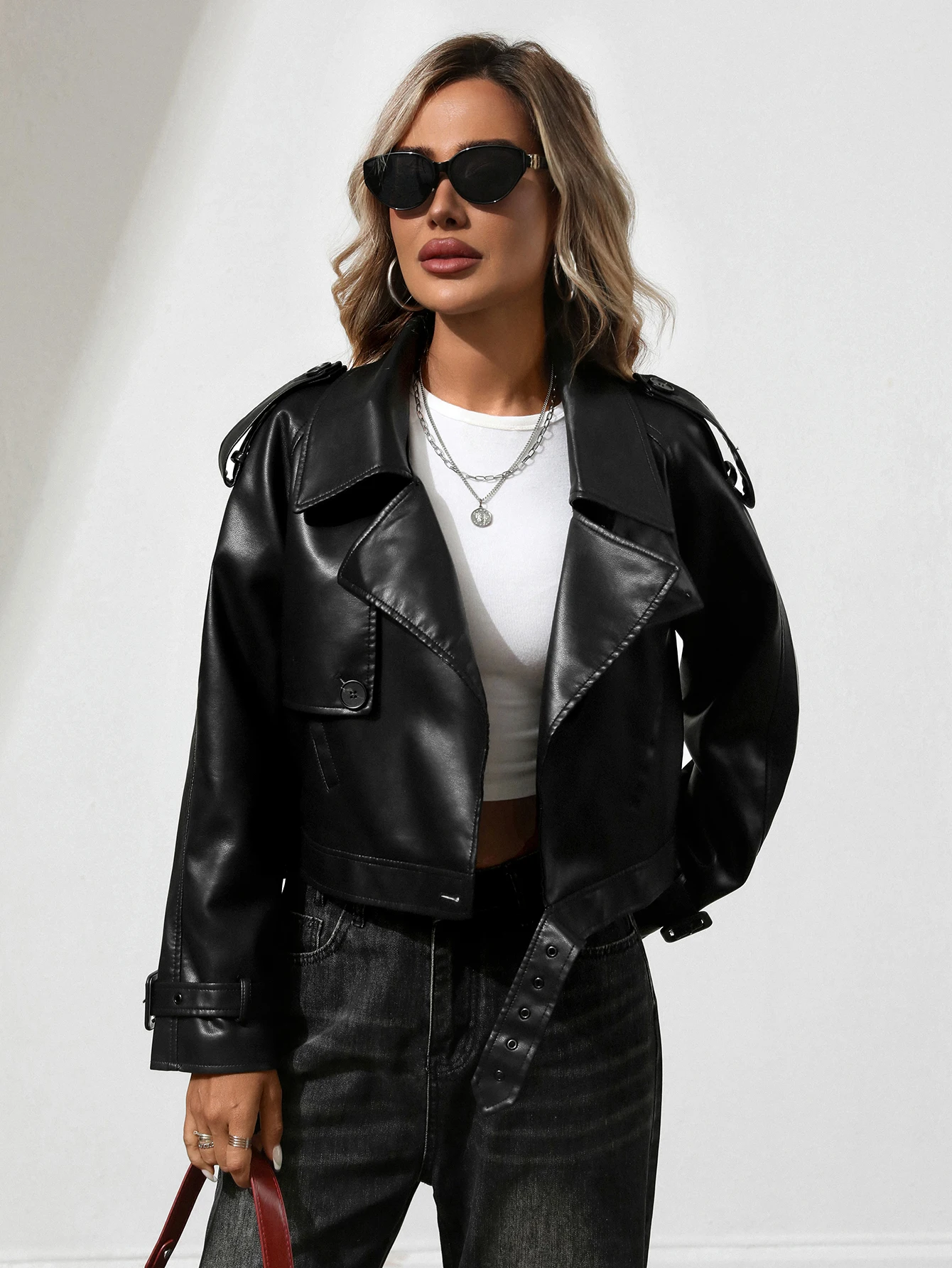 Fitaylor Jaqueta feminina de couro sintético com lapela para motocicleta casaco casual verde claro