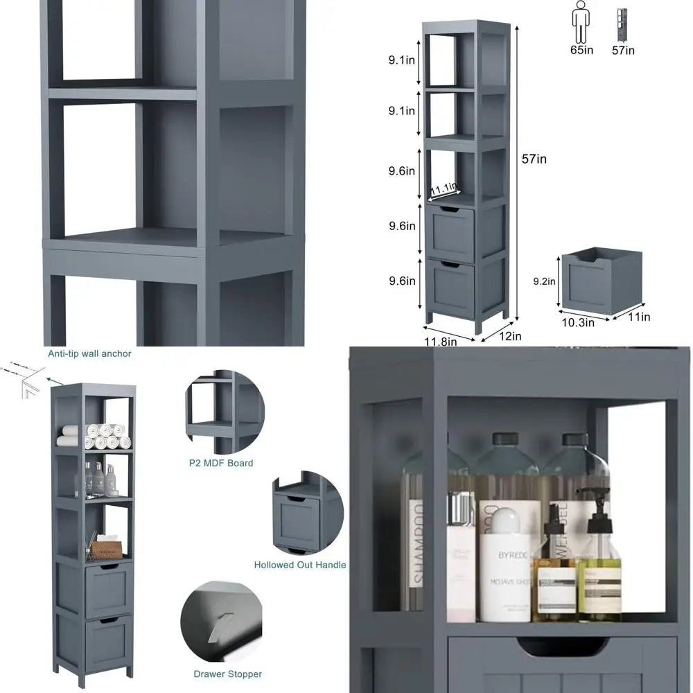 

Grey Wooden Slim Tall Linen Tower with 2 Drawers and 3 Shelves for Bathroom Storage