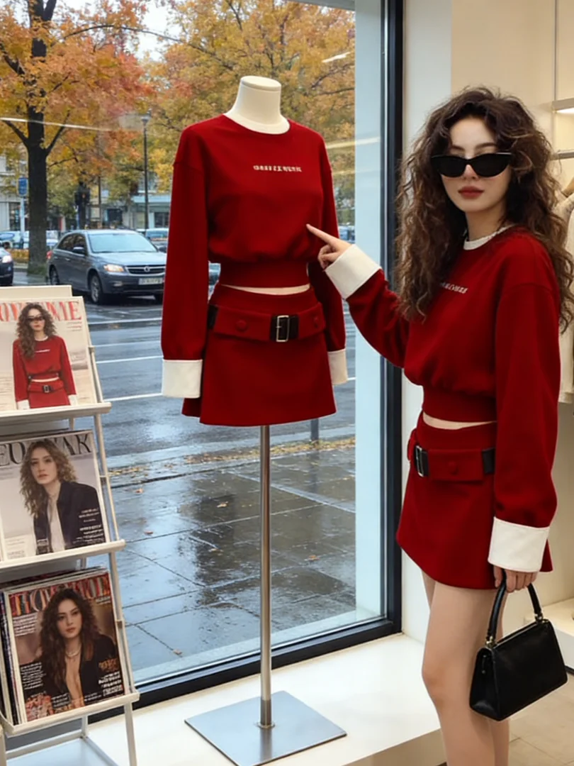 

Корейский комплект свитшотов серии против старения, модная зимняя одежда, юбка с высокой талией для поездок на работу Sle