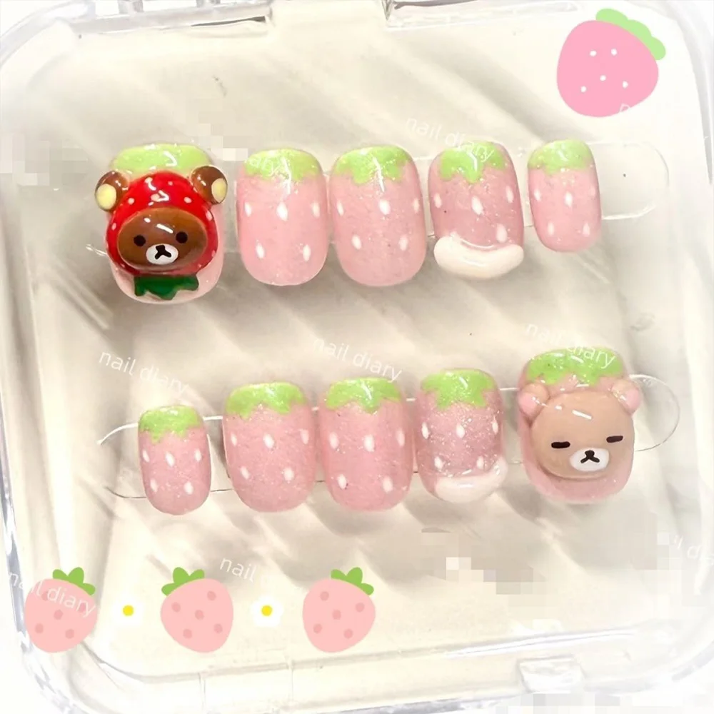 Niedliche Retro Japanische Rilakkuma Rosa Kaninchen Mandel Künstliche Nägel 3D Schleife Stern Katzenpfote Erdbeere Aufklebenägel Handaccessoires – Detail 28