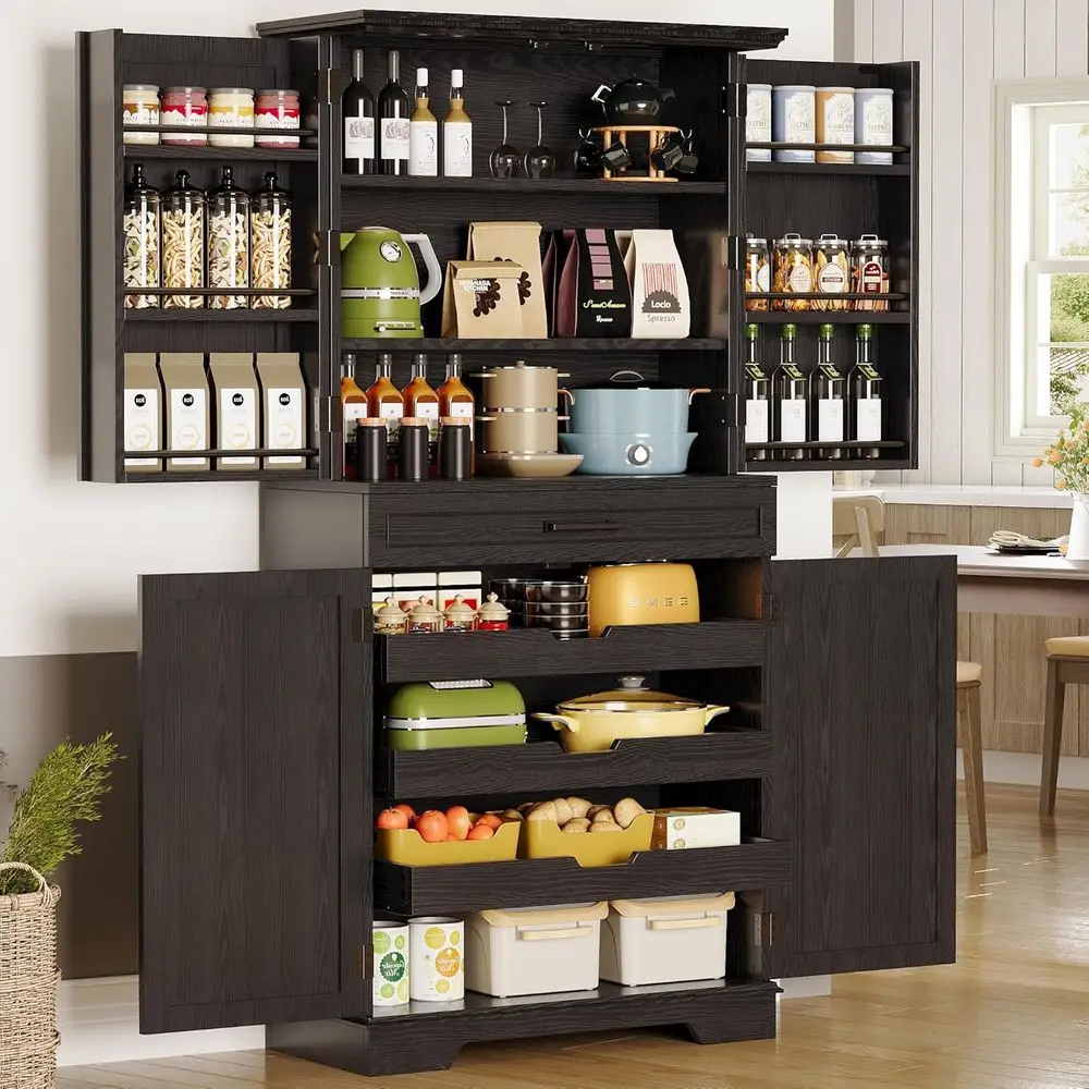 

Высокий отдельностоящий кухонный шкаф-паниройка (72 дюйма) с выдвижной полкой и 6 полками, идеально подходит для кухни или столовой, черный