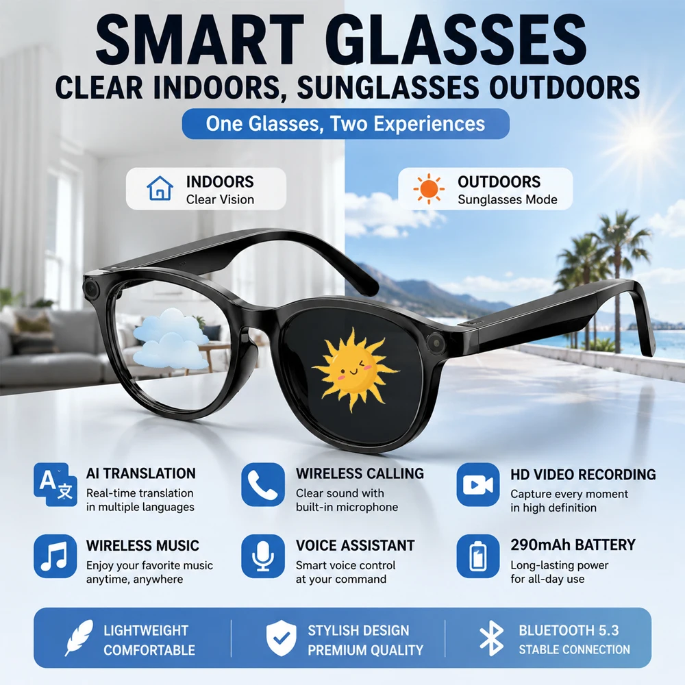 

Smart Photochromic Glasses Bluetooth 5.3, AI Real Time Multi Language Translation Eyewear, 8MP HD Video Recording Wireless Calling Voice Assistant Headset, 290mAh Long Battery Life Lightweight Sunglasses for Outdoor Travel Driving Daily Use