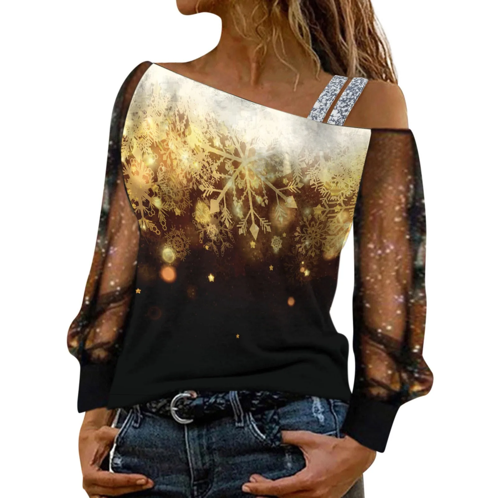 

Fashion Woman Blousas Sequin Glitter Sexy Off Shoulder Tops Blusas Mujer Elegant Blouse Mesh Sheer Long Sleeves Blusa Feminina 1