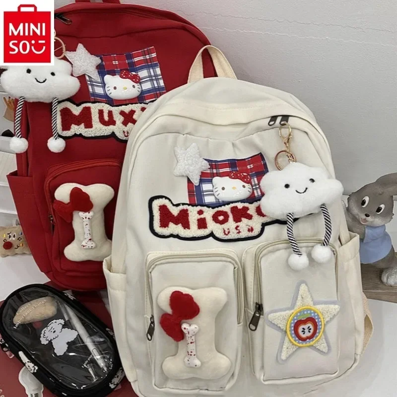 MINISO 2024 Retro New Large Capacity Cartoon Hello Kitty Backpack Student High Quality Nylon Lightweight Reducing Shoulder Bag