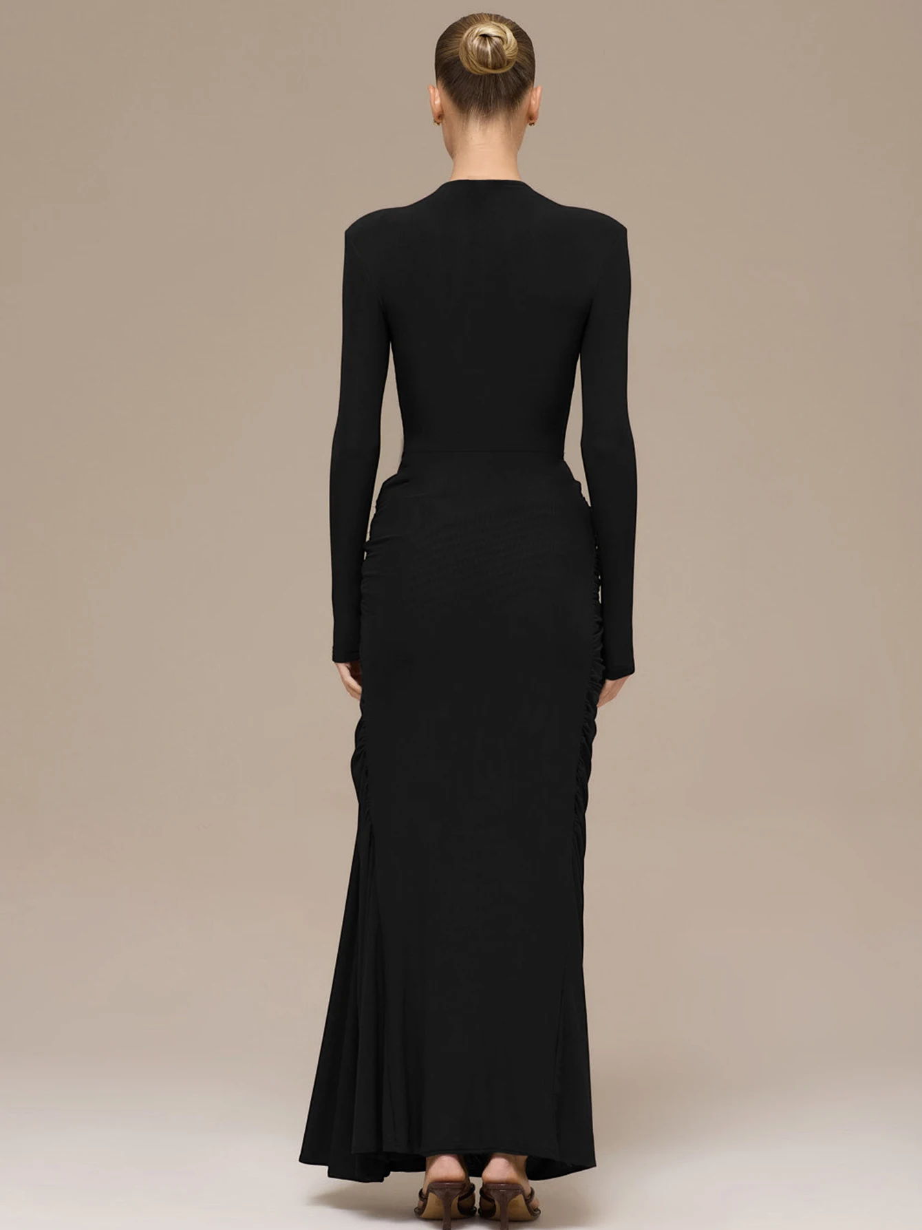 Elegancka damska sukienka maxi z długim rękawem, marszczeniami i patchworkiem, seksowna, dopasowana, idealna na zimę, urodziny, Boże Narodzenie.