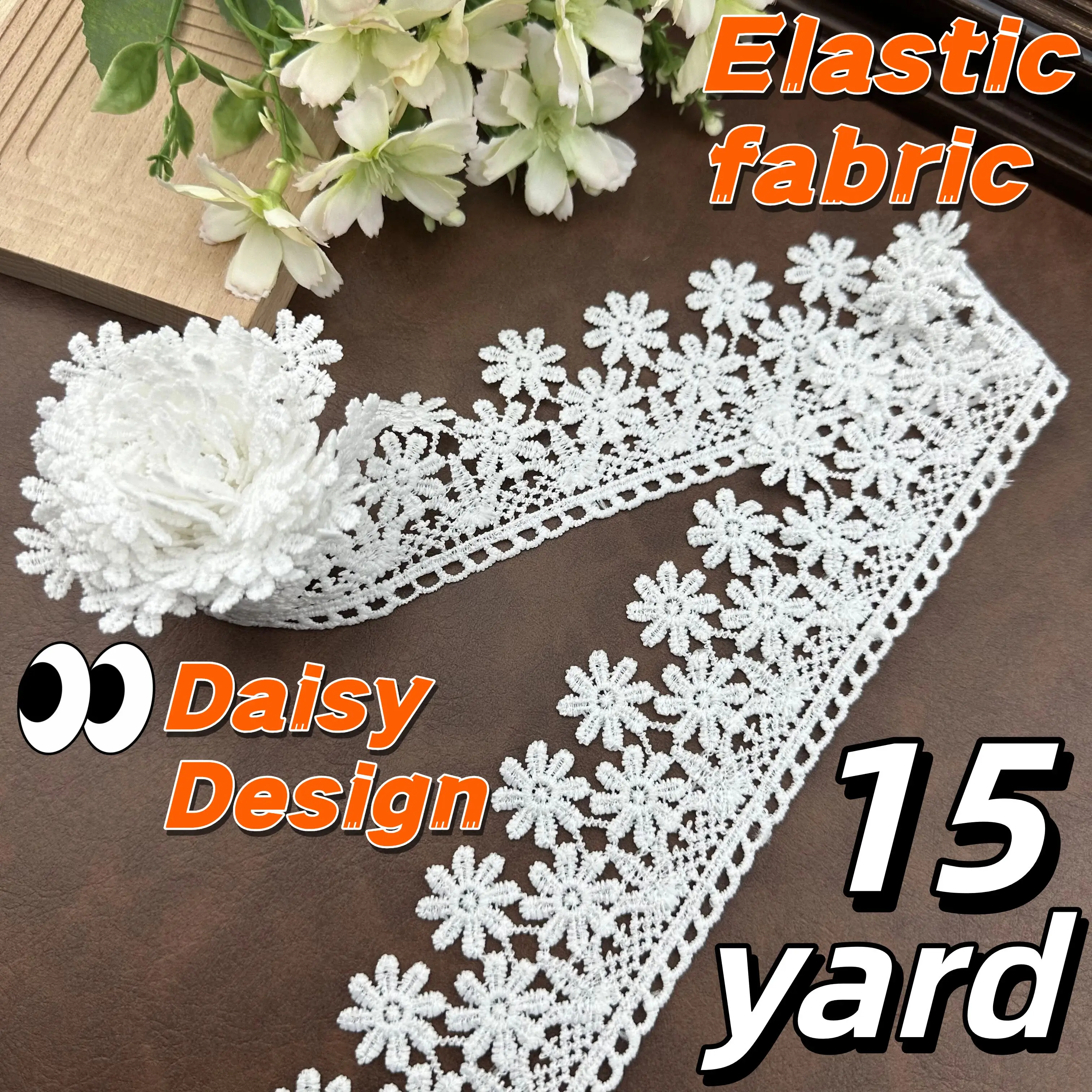 Encantadora cinta de encaje con diseño de margaritas – 2.17” de ancho x 15 yardas para decoración romántica de bodas, proyectos florales DIY y adornos de prendas.