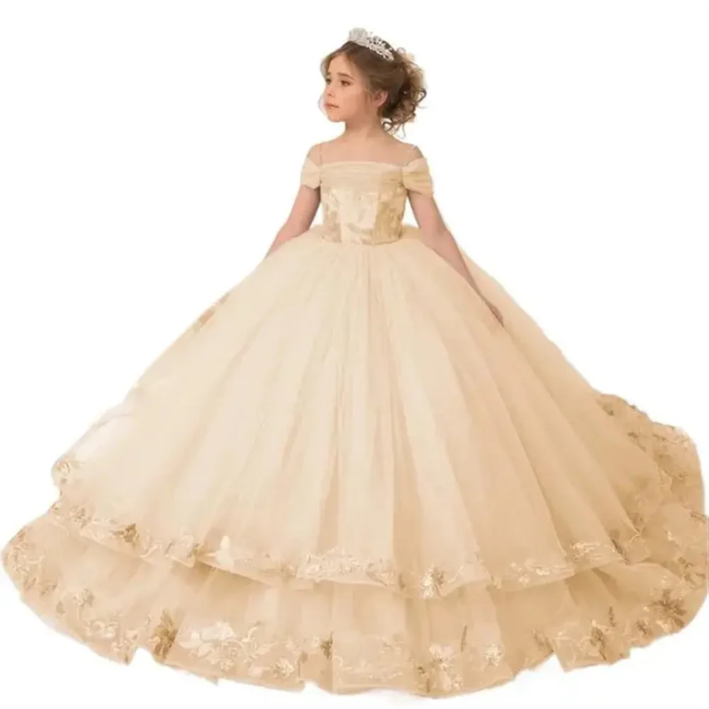 Elegance Off The Shoulder Fluffy Flower Girl Dress For Wedding Appliques Ruffles Toddler Pageant Dress Kids Birthday Gown