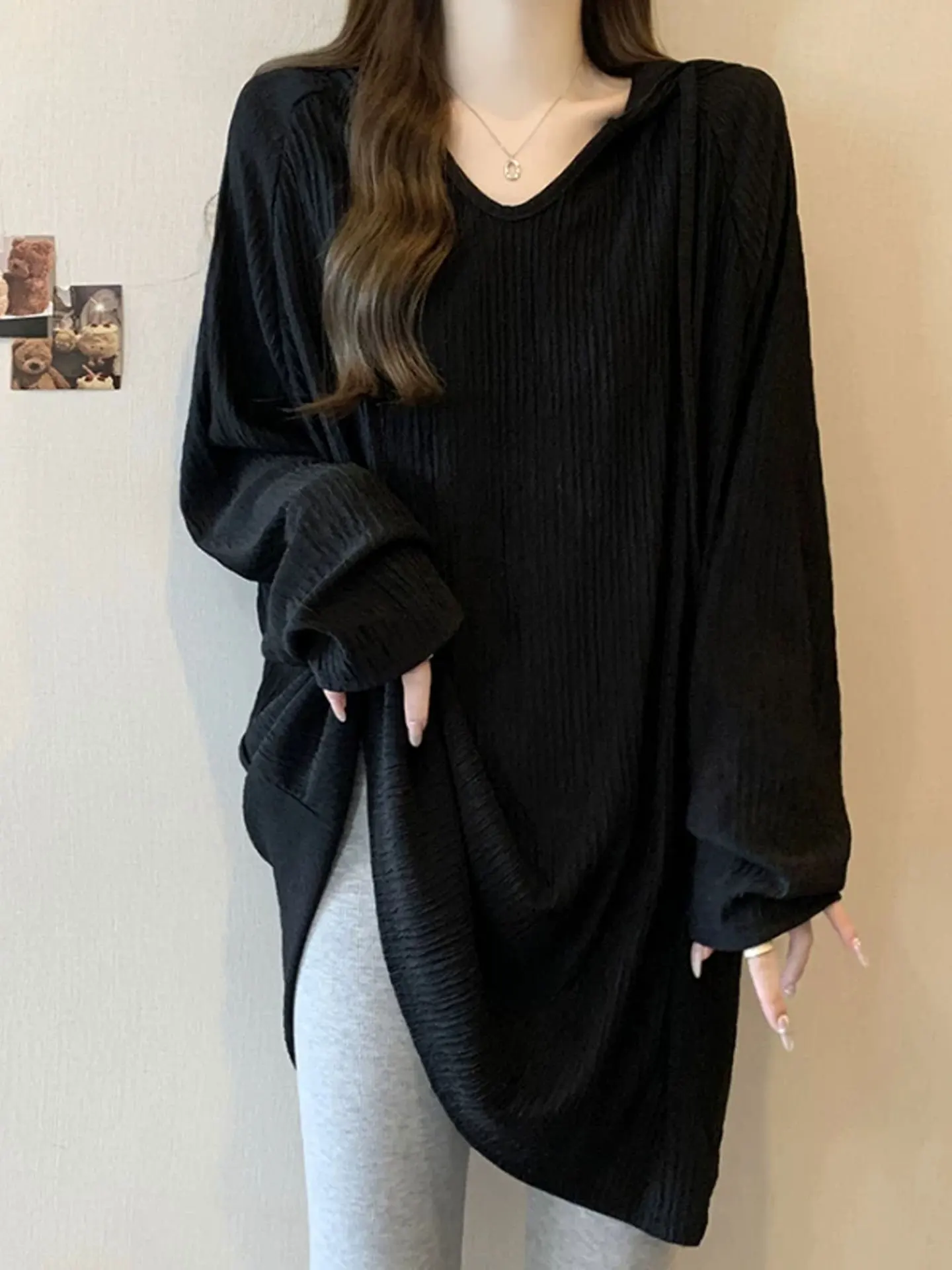 Women's Hooded Long Sleeve T-Shirt Loose Fit plus Size Mid-Length Butt Covering Base Shirt Comfortable Breathable Cotton Blend