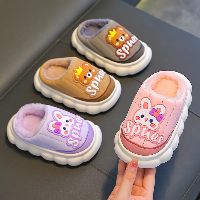 

Children Winter Cotton Slippers Boys Waterproof Cute Warm Plush Home Shoes Girl Non Slip Cartoon Rabbit Bear Kid Cotton Slippers