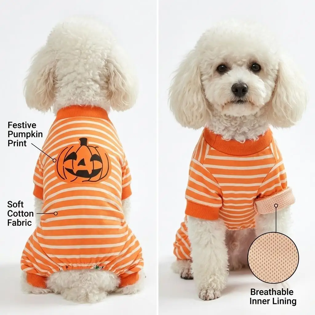Halloween Orange-Weiß Gestreifter Hunde-Vierbeiner-Anzug Kürbis-Patch Welpen-Bodysuit Einteiler Pyjama Kleidung für Kleine Mittelgroße Hunde Katzen – Detail 8