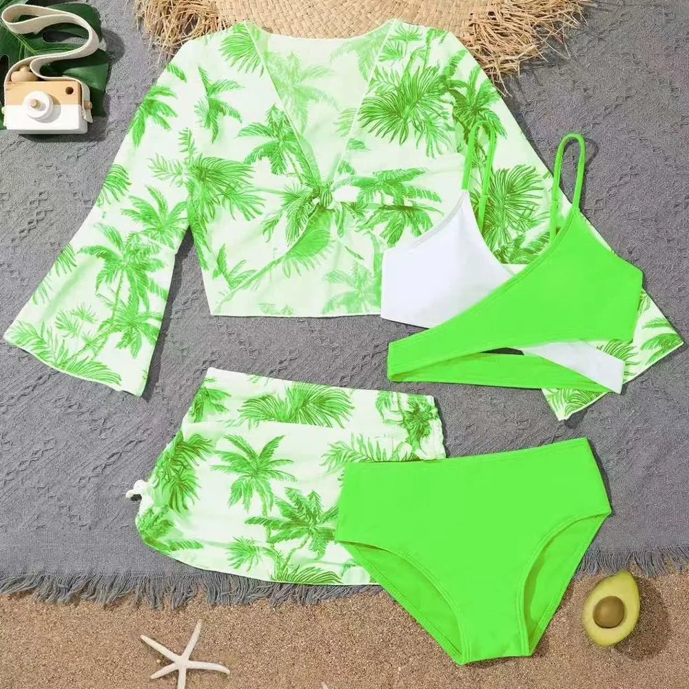 4-Piece High-Waist Girls Swimsuit Set Multi-Color Split Bikini Beachwear For Teens 2 Pieces Tankini Swimsuits Women Biquinis Set