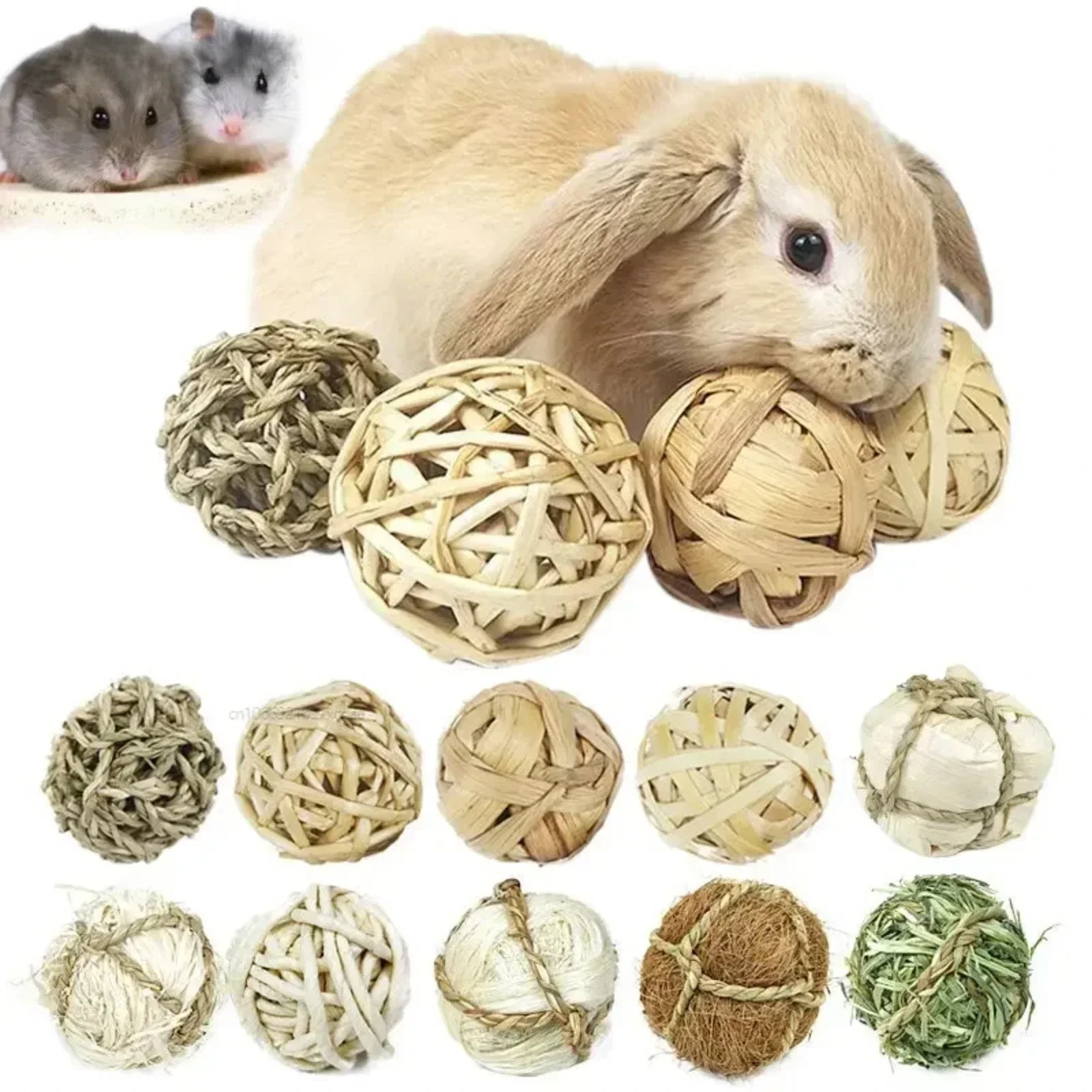 Braided Ball for Chewing Pet, Guinea Pig, Rabbit, Hamster, Small Animal Play, Interactive Chew Toy, Natural Grass Ball, 7cm