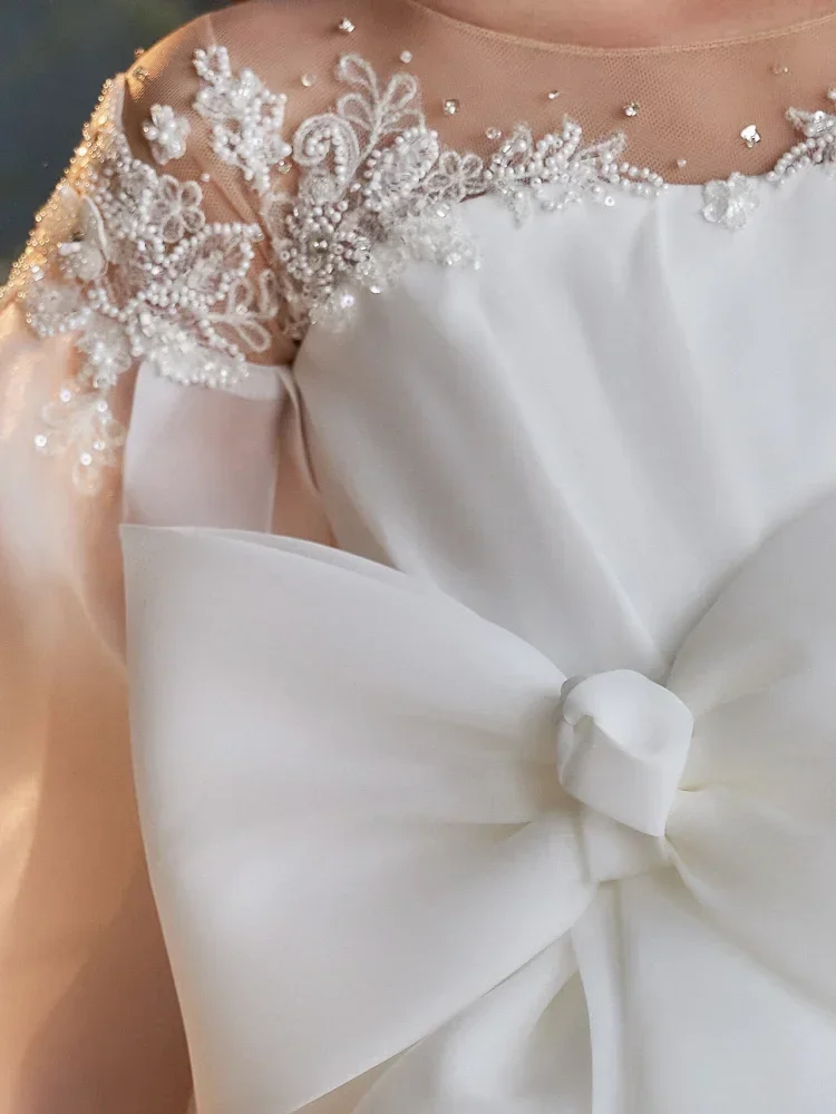 Flower Girl Dresses White Satin Appliques With Rhinestones Beads Big Bow Long Sleeve For Wedding Birthday Banquet Princess Gowns