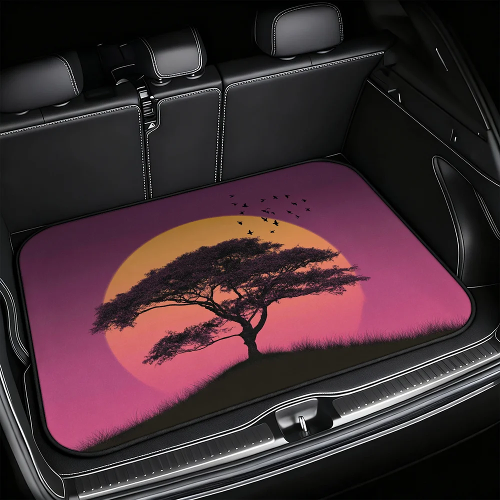 1pc Sunset Tree Silhouette Birds Graphic Car Cargo Mat | Universal Trunk Liner For Suv, Sedan, Or Van, Polyester Fiber, Personal