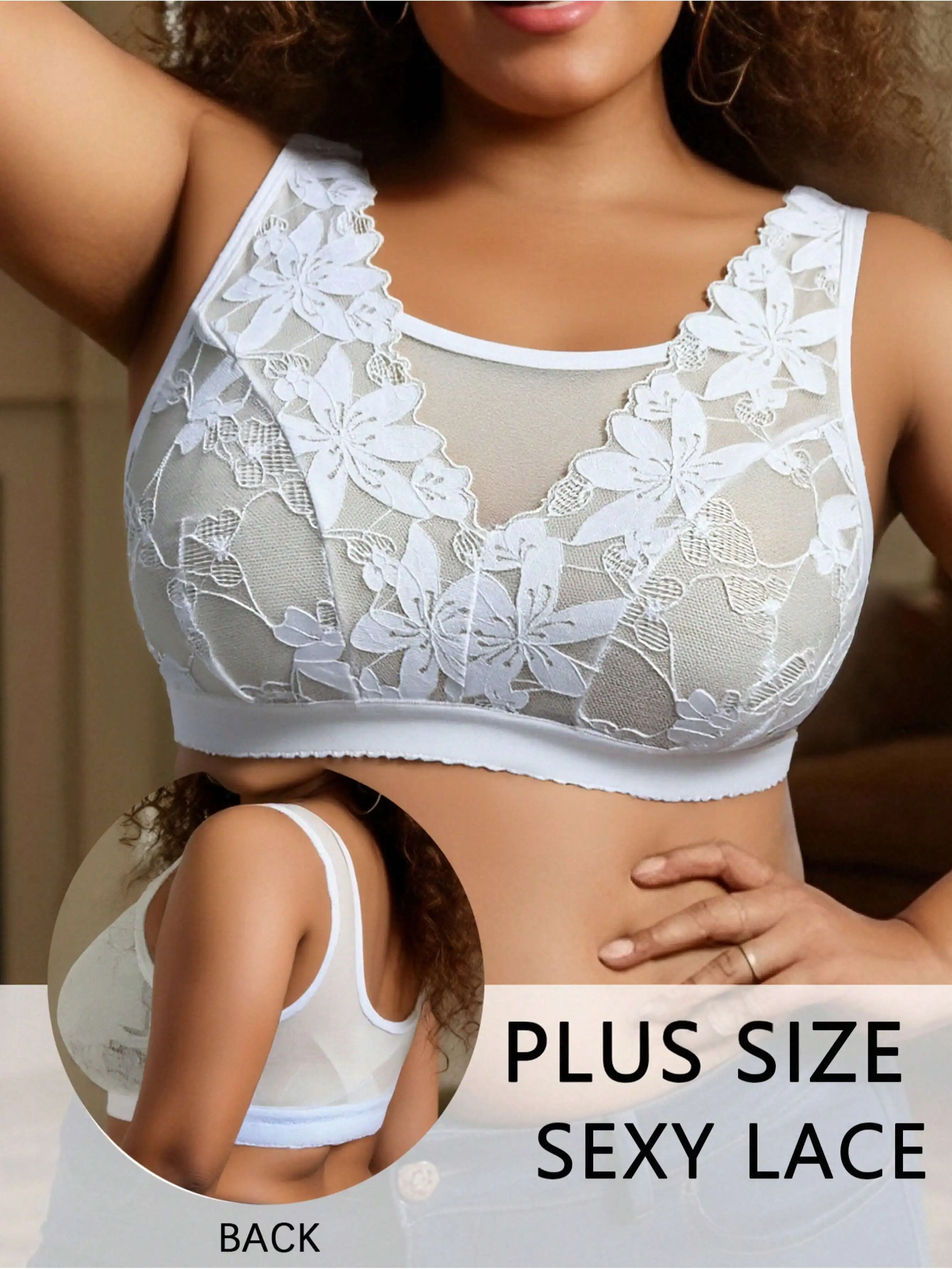 Übergröße Weißer Blumen-Spitzen-Bralette für Damen V-Ausschnitt Mesh-Einsatz Drahtloser Komfort-Bralette Breiter Träger Atmungsaktiv Schlaf- & Loungewear