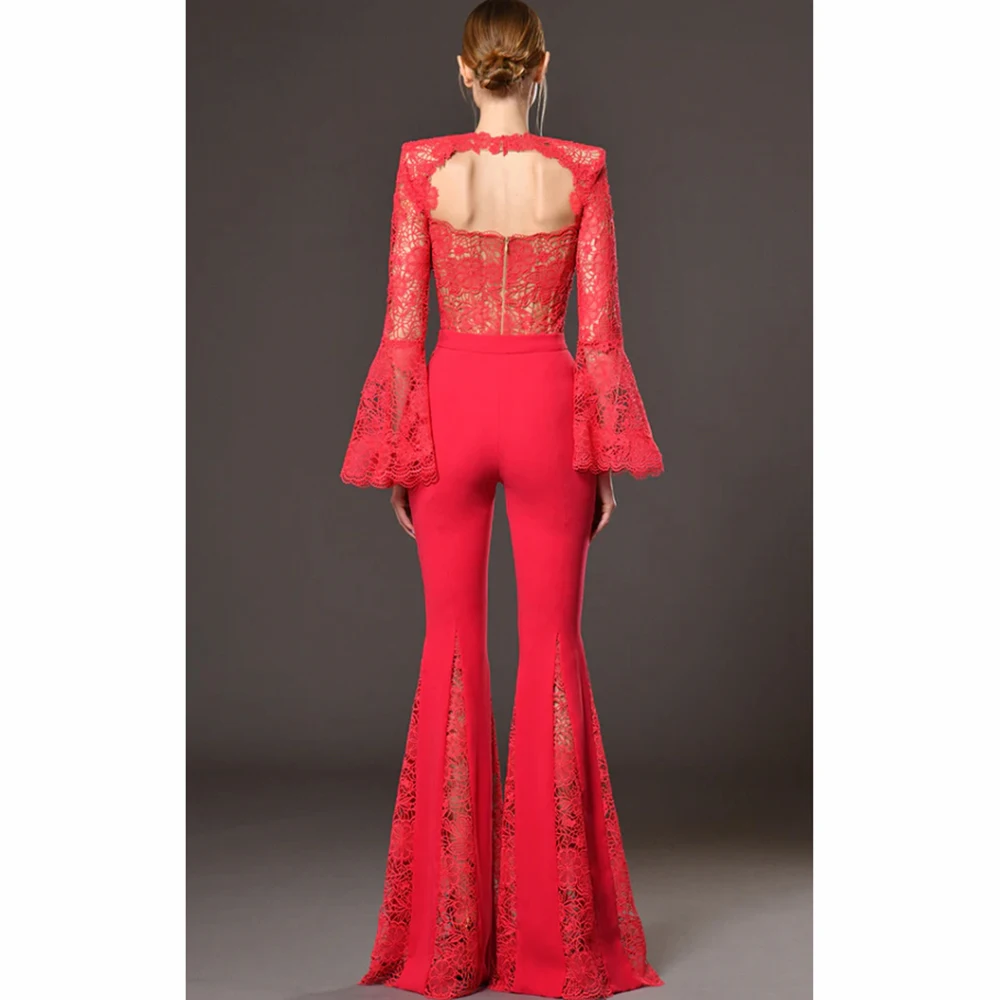 Elegant Women's Red Lace Top Bell Sleeve Flare Pants Jumpsuit Heart Neckline Perfect for Party Fashionable Stylish Outfit