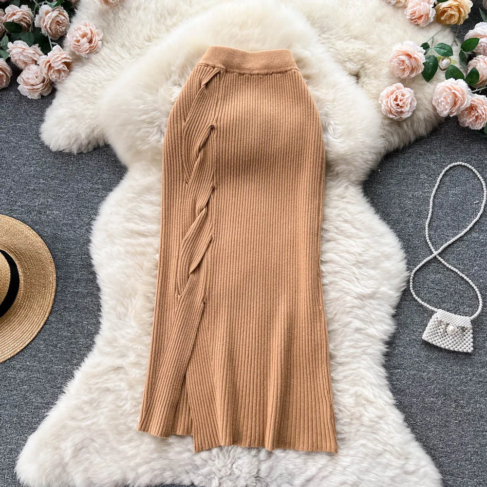

Women Elegant Chic Split Sexy Skirt Elastic Knit High Waist Fashion Vintage Pencil Skirt Black White Spring Autumn Clothing