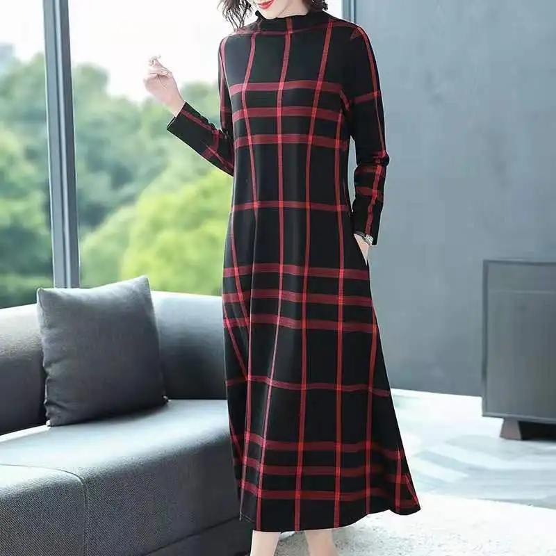 

Autumn and Winter Women's Pullover High Collar Patchwork Printing Geometric Pocket Fashion Belly Covering Long Sleeve Dress