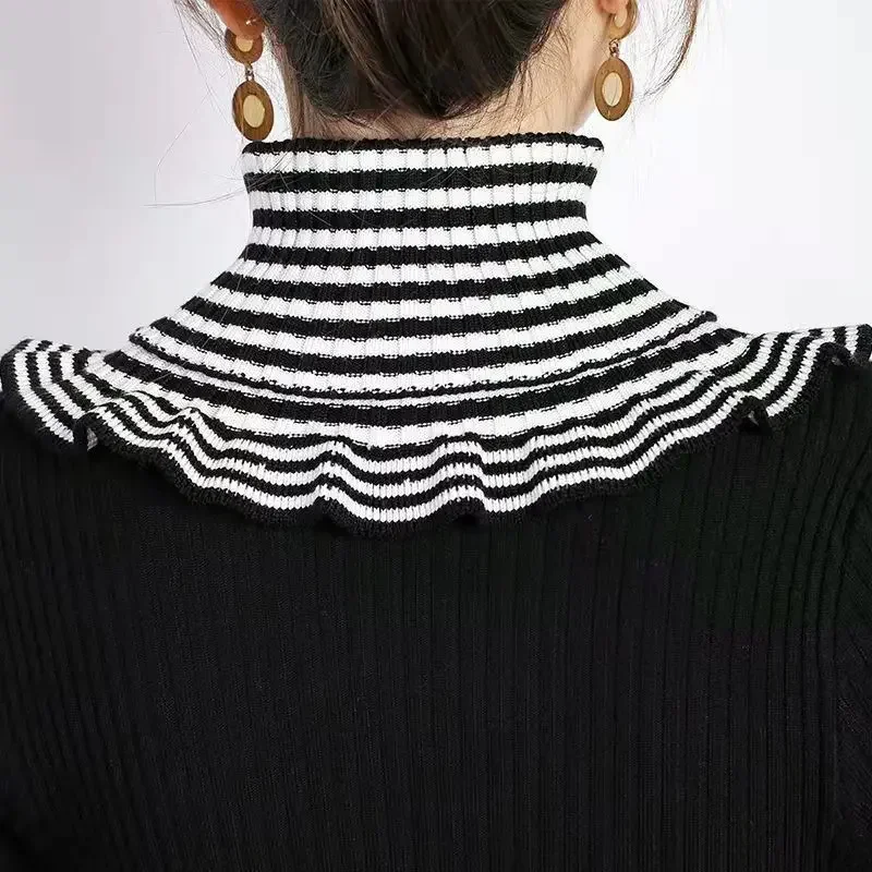 Women Autumn Winter Korea Joker Striped Pullover Thickened Warm Cervical Elastic Knitted False Collar Wool Scarf