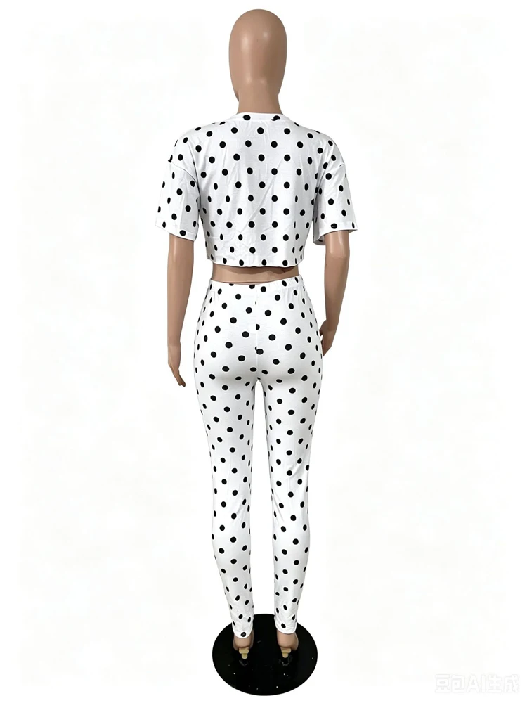 Vintage Polka Dot Zweiteiliges Set für Damen, Cutout-Fransen-Crop-Top, High-Waist-Hose, Streetwear-Outfit, Clubwear für den Abend. – Detail 9
