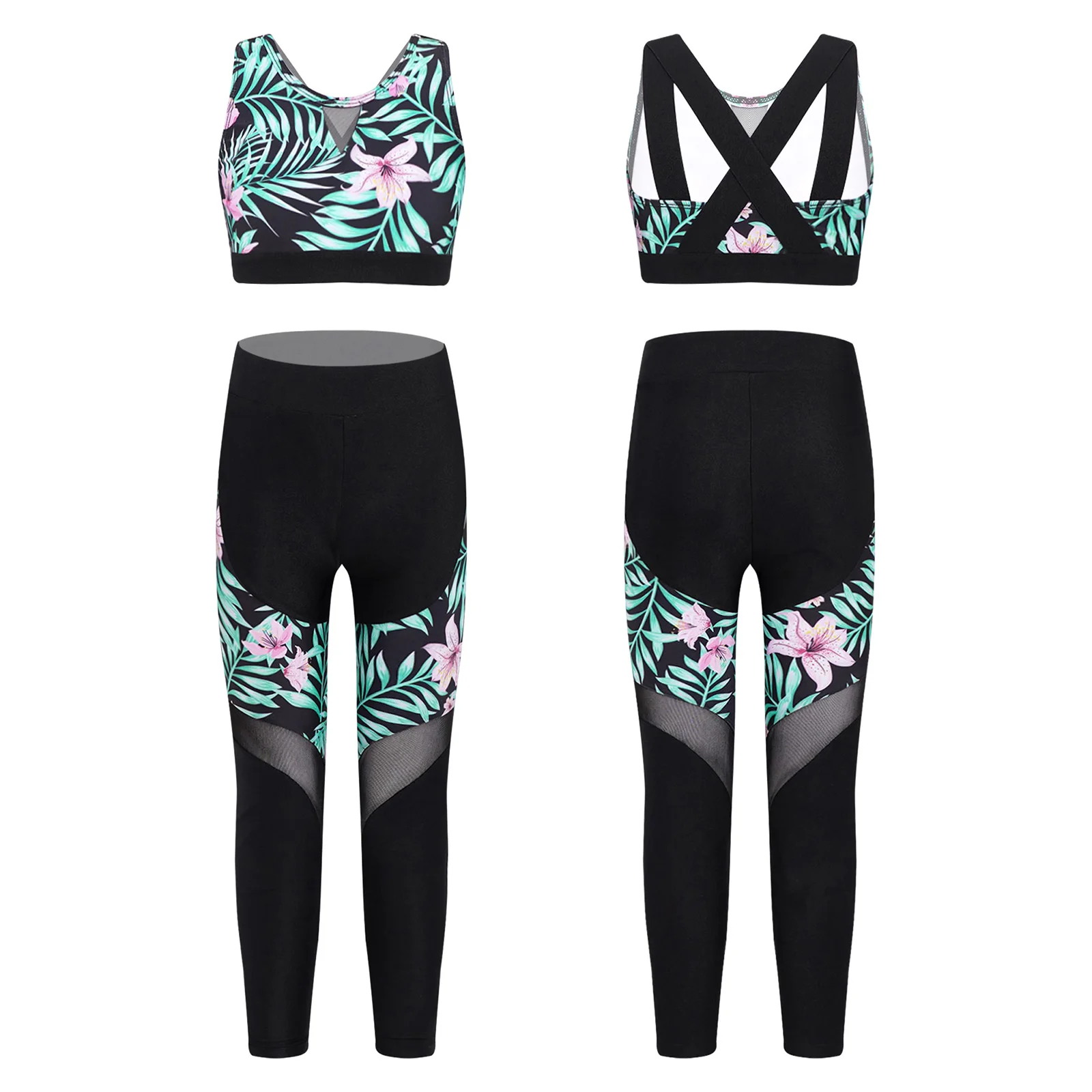 

Summer Girls Casual Sports Outfit Backless Sleeveless Print Crop Top and Sheer Mesh Patchwork Pants Workout Running Sportswear