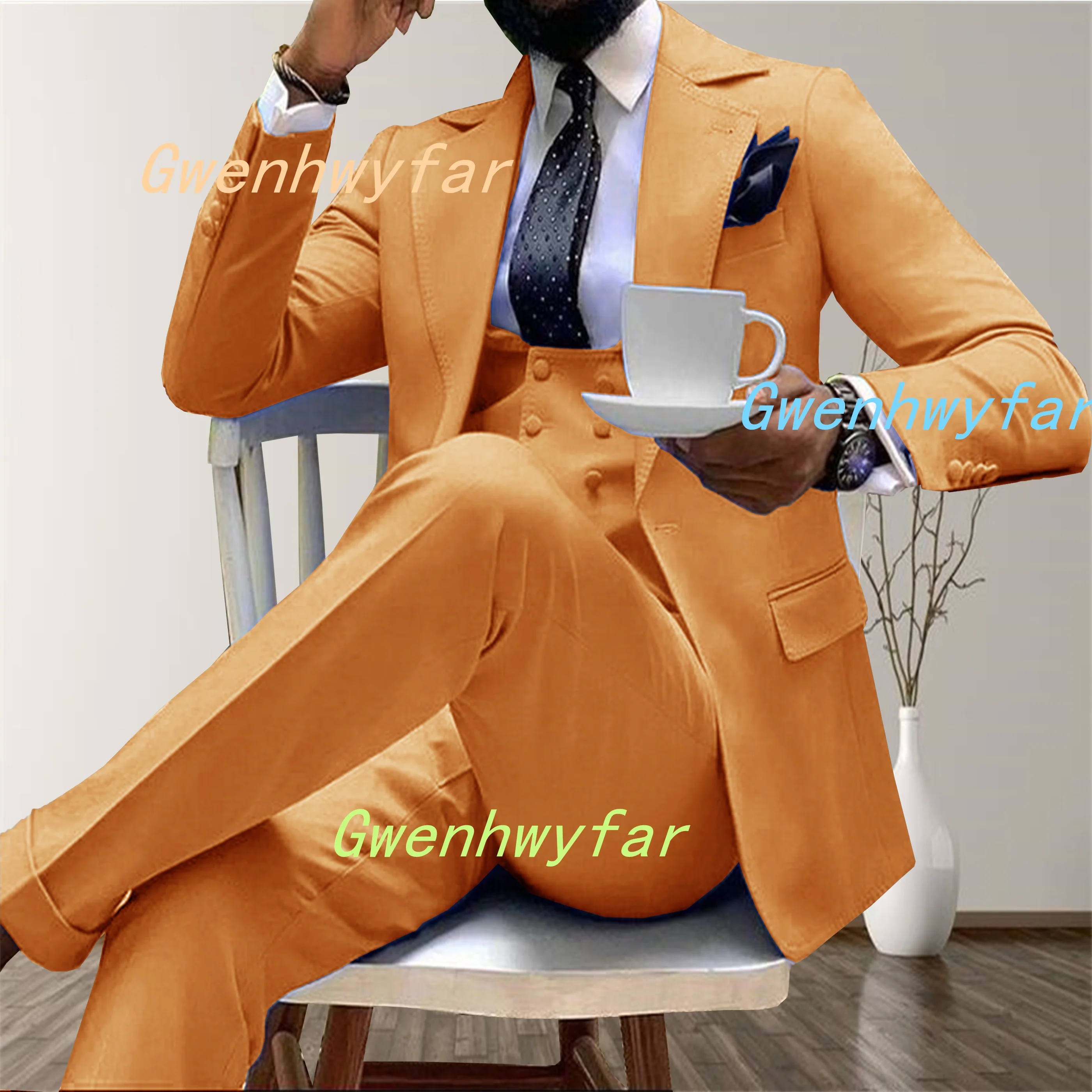 

Gwenhwyfar Fashionable Orange Men Suit 3-piece set for Autumn 2025 New Notch Lapel Men's Elegant Suit Jacket, Vest, Pants