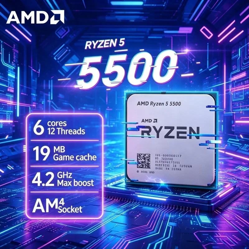 3A Gaming Compatible AMD Ryzen 5 5500 CPU 6 Core 12 Thread 4.2GHz AM4 Socket 16MB L3 Cache 65W Desktop Processor No Cooler view 2