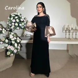 Carolina Black Beading O-Neck Crepe Mermaid Evening Dress Saudi Arabia 2024 Slim Satin Long Sleeve Floor-Length Prom Dress