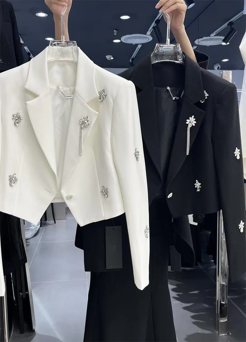 Traje de manga larga para mujer, abrigo corto con diseño Sense, industria pesada, cuentas tachonadas de diamantes, hombros anchos, traje Irregular, primavera