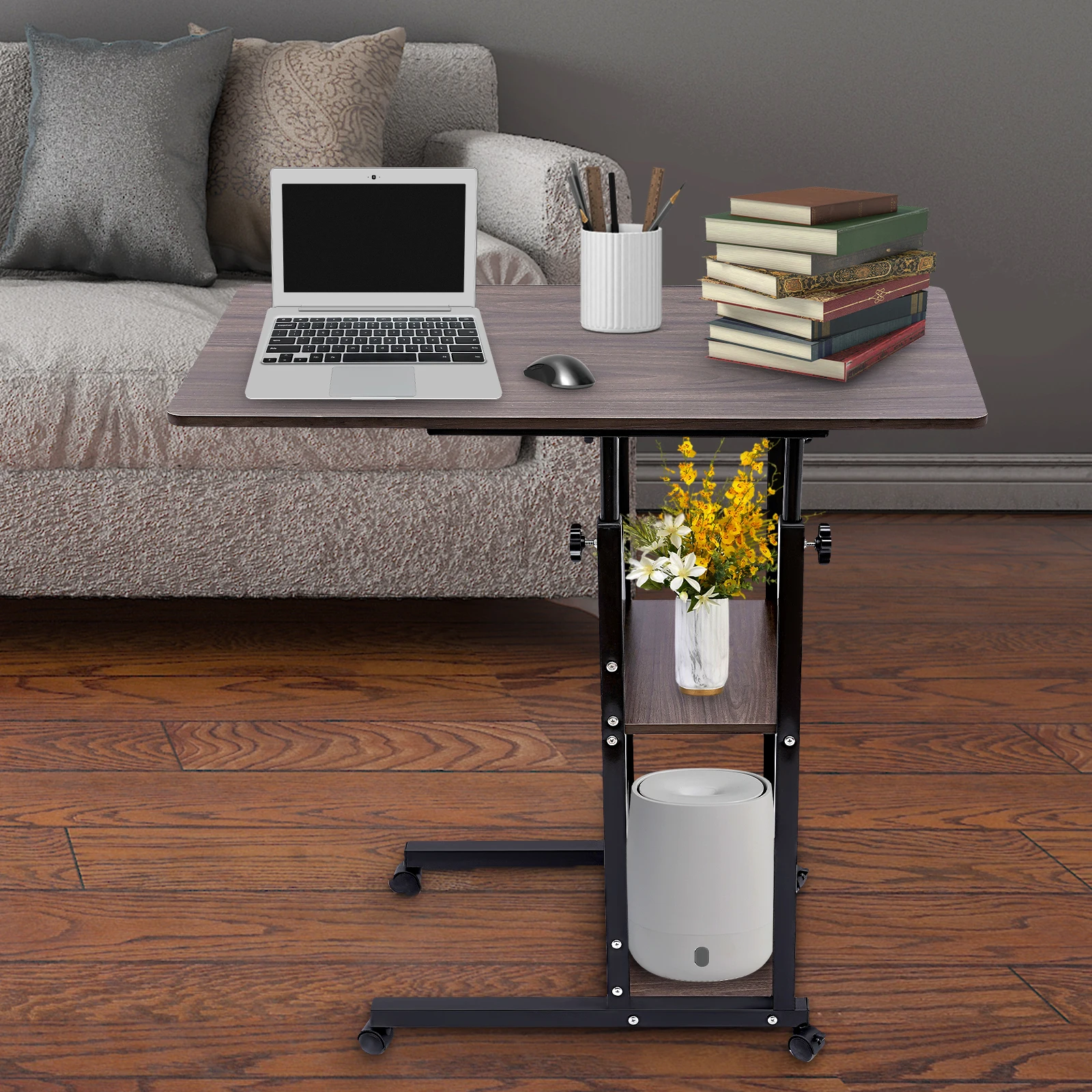 Adjustable C-Shaped Side Table, 3-Tier Mobile Desk with Locking Wheels, 26.8-33.5" Height for Laptop & Bedside Use