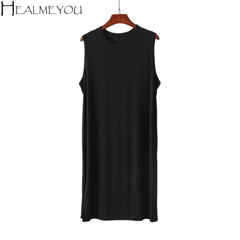 Homewear Knee-Length Men's Sleeping Dress Plus Size Elastic Night-robe Soft Sleeveless Bathrobe Boy