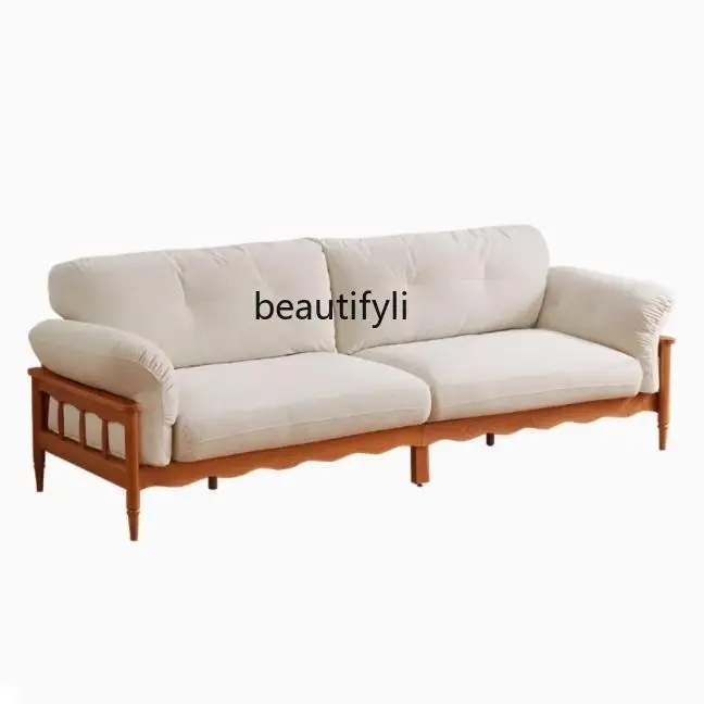 

Nordic retro all-solid wood sofa log fabric three-person living room straight row cherry wood