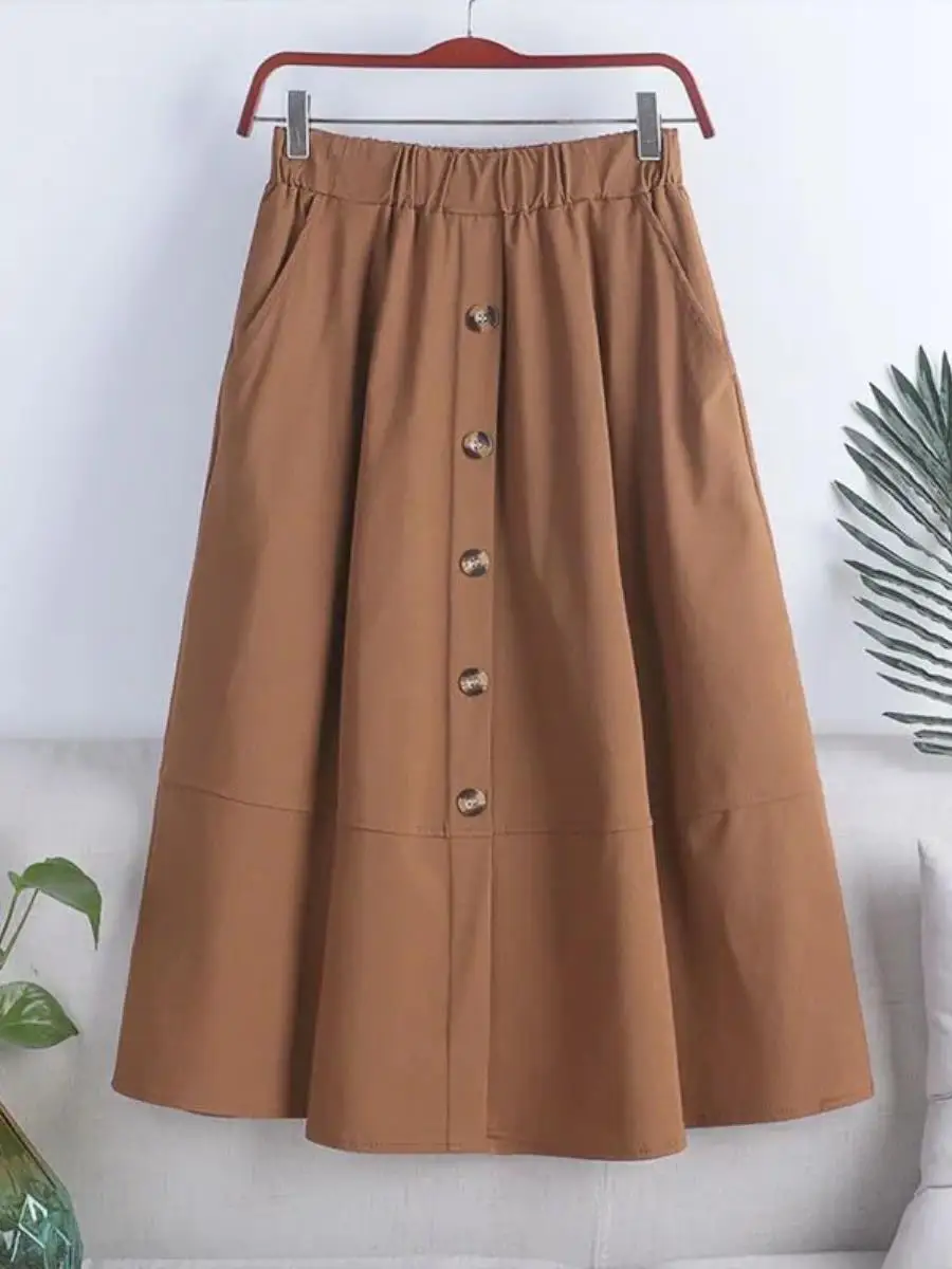 

Summer New Style A-Line Midi Skirt Slimming High Waist Pure Color Button Small Size Versatile Women's Half-length Umbrella Skirt