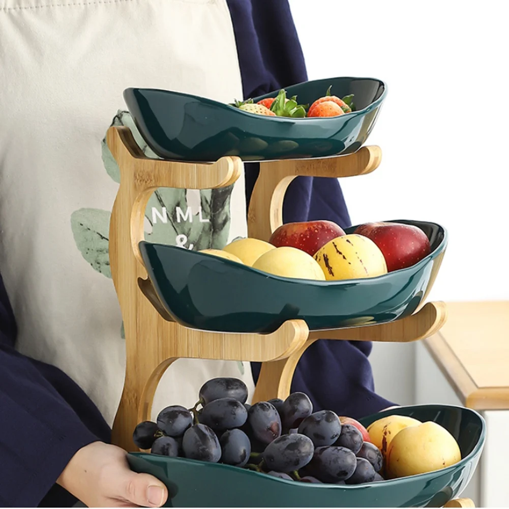 3 Tiers Fruit Plate with Wood Holder Snacks Candy Plate Kitchen Organizer Rack Party Food Serving Display Tray Green