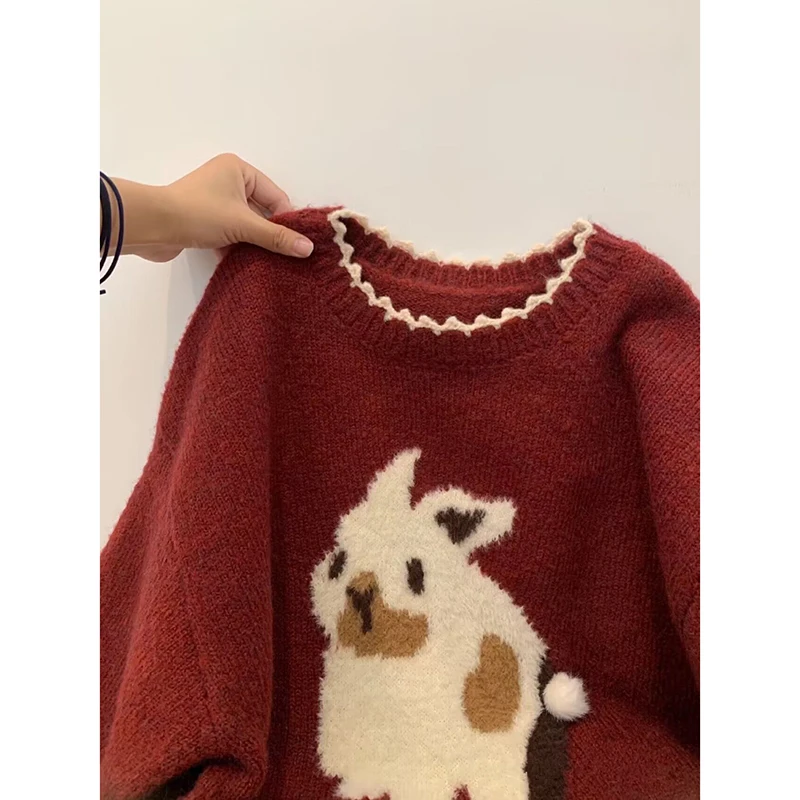 

Vintage Sweet Rabbit Flocking Sweater Winter Loose Round Neck Long Sleeve Pullover Women Casual Fashion Sweater Streetwear Tops