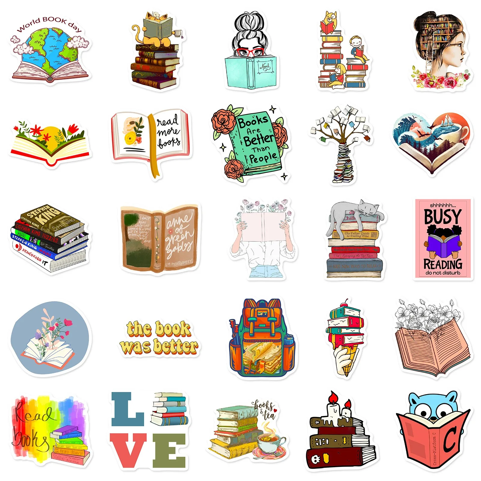 10/25/50pcs Graffiti Books Reading Stickers for DIY Decor Stationery Suitcase Water Bottle Phone Laptop Skateboard Scrapbooking