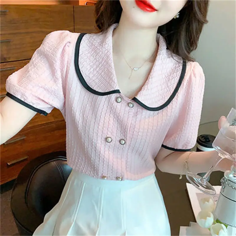 Contrast Loose Korean Blouse Summer New Short Sleeve Solid Color Youth All-match T Shirt Tops Sweet Fashion Trend Women Clothing