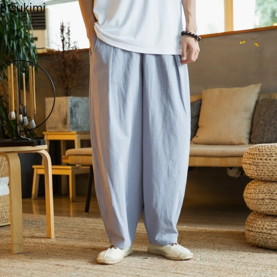Chinese Style Cotton Linen Harem Pants Summer New Men's Baggy Casual Wide Leg Jogger Trousers Vintage Drawstring Sweatpants Male