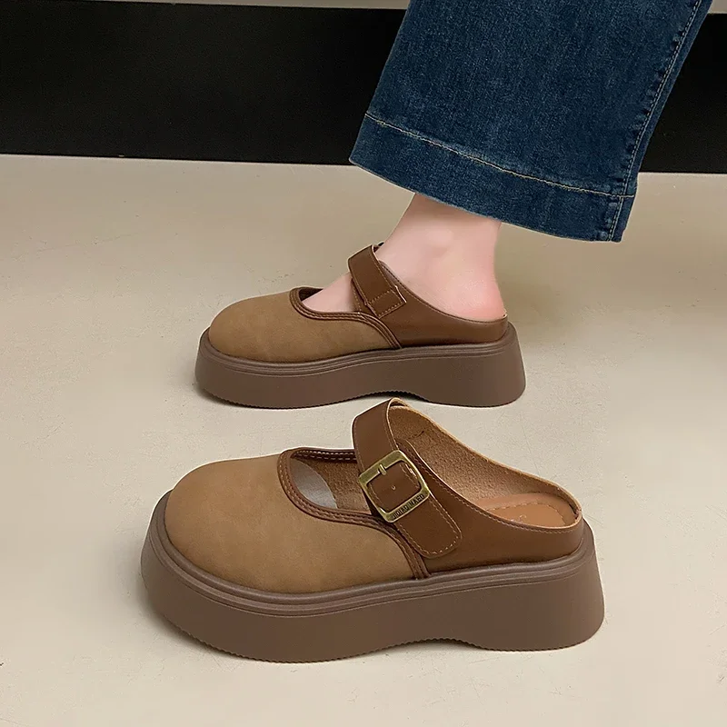 

Thick-sole toe slippers 2025 summer new fashion belt buckle British style lazy comfortable slippers casual mules women's shoes