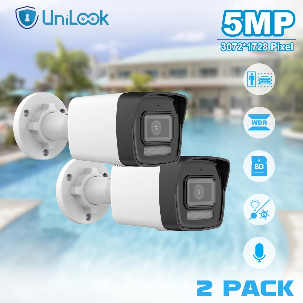 Unilook 5MP Motion Detection 2.0 Fixed Bullet Network Camera Outdoor IR 30m SD Card H.265 One Way Audio IP67 POE IP Camera