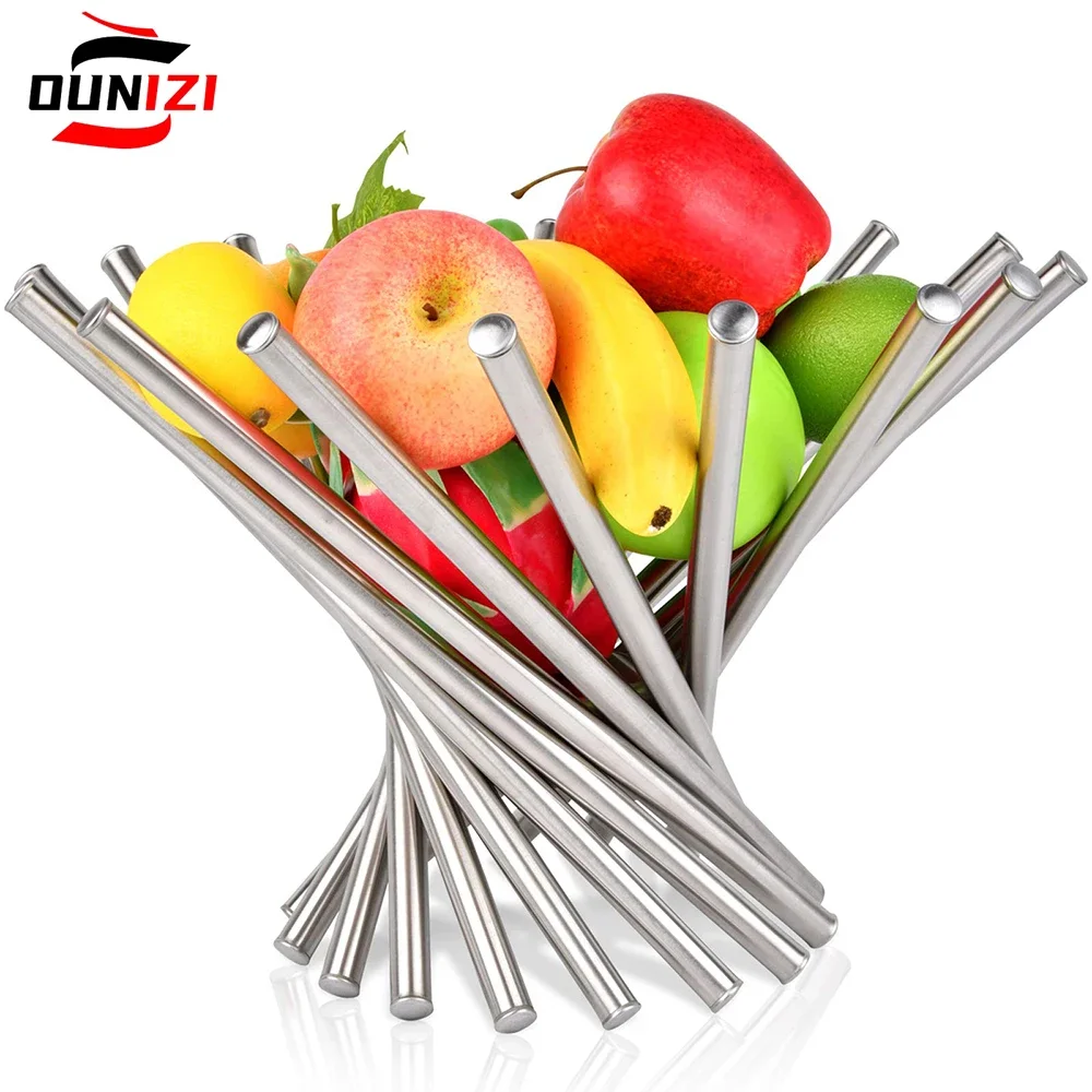 Stainless Steel Fruit Basket Fruit Container Bowls Stand Modern Foldable Rotation Kitchen Countertop Large Round Storage Baskets