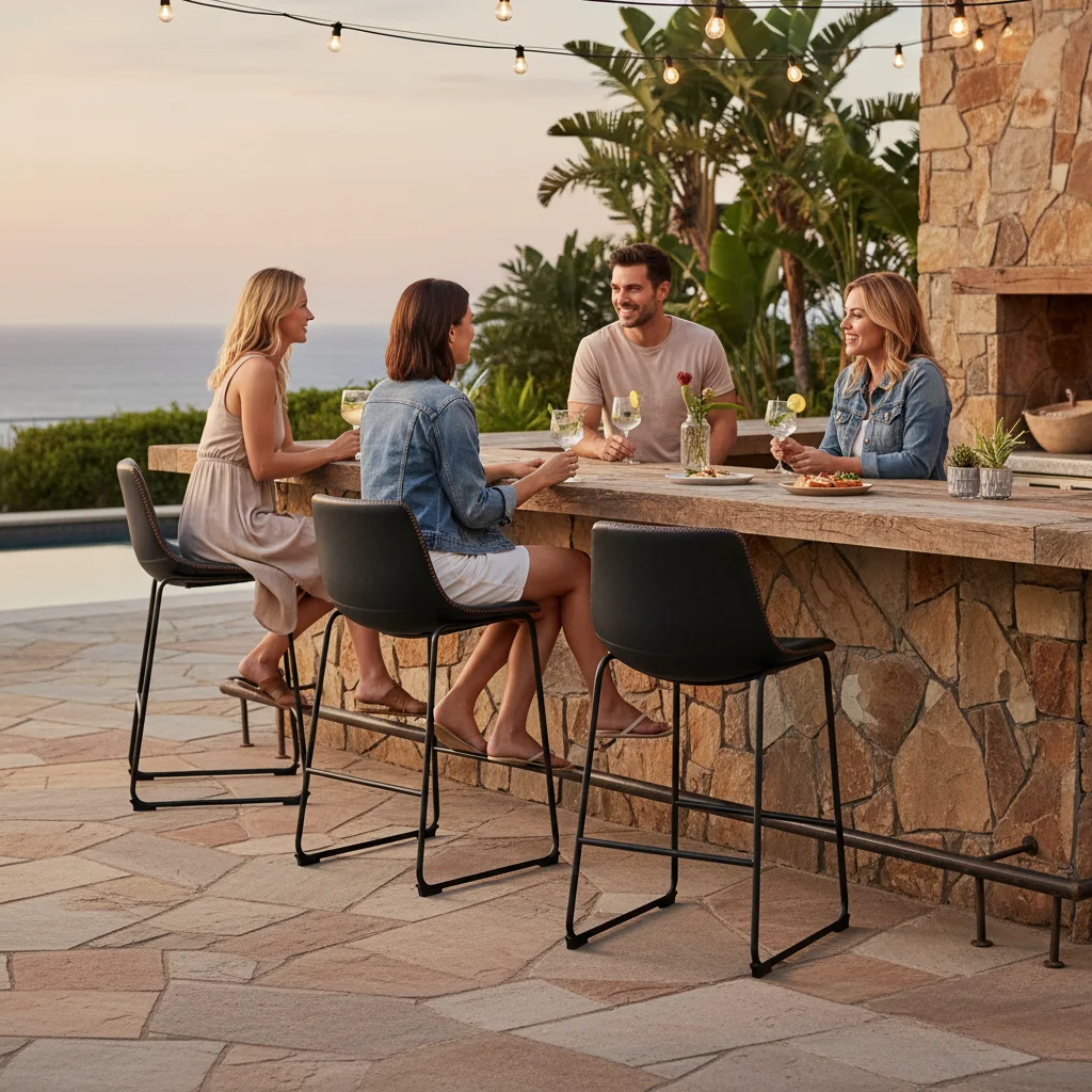 مجموعة من 4 مقاعد بار عصرية من الجلد الصناعي مع أرجل خلفية ومعدنية، وكراسي بار بارتفاع 26 بوصة لجزيرة المطبخ، باللون الأسود #3