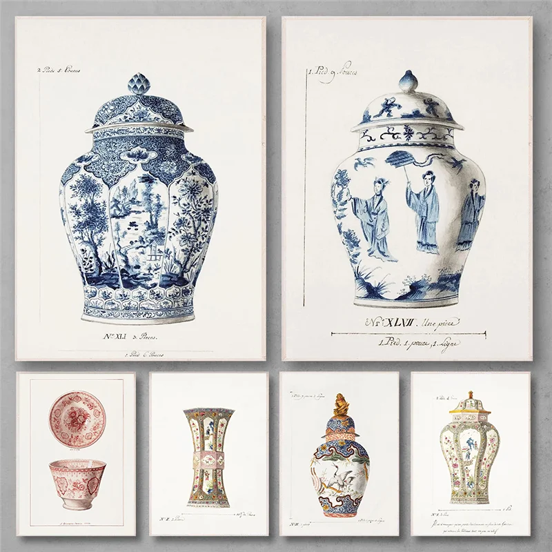 

Blue Chinoiserie Vase French Cottagecore Decoration Antique Ginger Jar Wall Art Toile de Jouy Style Poster for Elegant Interio