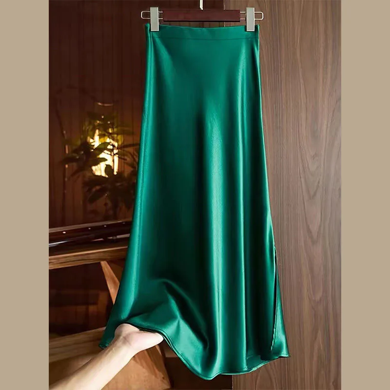 Ice Silk Satin Mermaid Skirts Woman Fashion Autumn Champagne High Waist A-line Skirt Women Cocktail Full Length Skirts Mujer