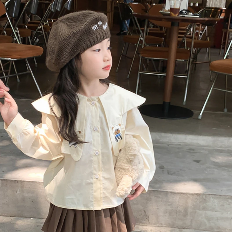 Children Girl Clothes Embroidered Cartoon Lapel Shirt Autumn Spring Long Sleeve Loose Shirt Korean Casual Girl\'s Shirt Blouse