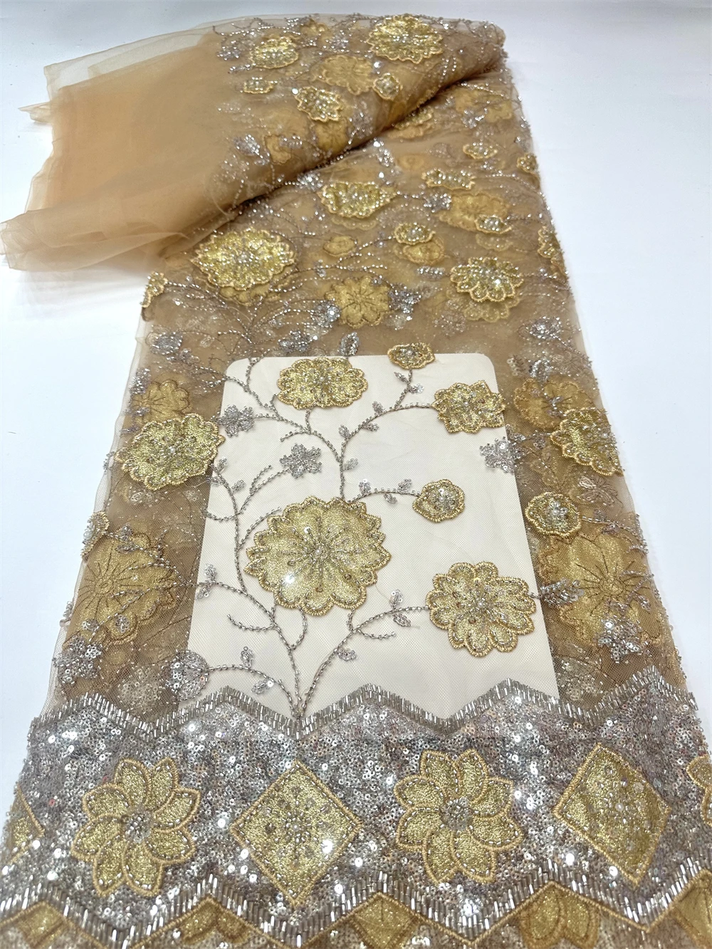 

African 3D Beaded Sequins Lace Fabric High Quality Embroidery Nigerian French Tulle Net for Sewing Party Dresses