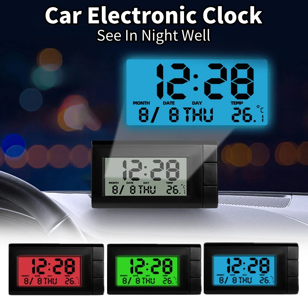 2 in 1 LCD Car Clock 3 colors Electronic Temperature LCD Display Automotive Digital Clock for Car Accessories Noctilucent Decor