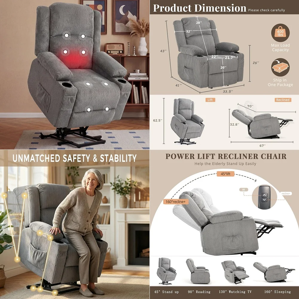 

Duty Power Lift Recliner Chair for Elderly, 400lbs Capacity Massage and Heat Recliner, Soft Corduroy 160 Reclining Electric Sta