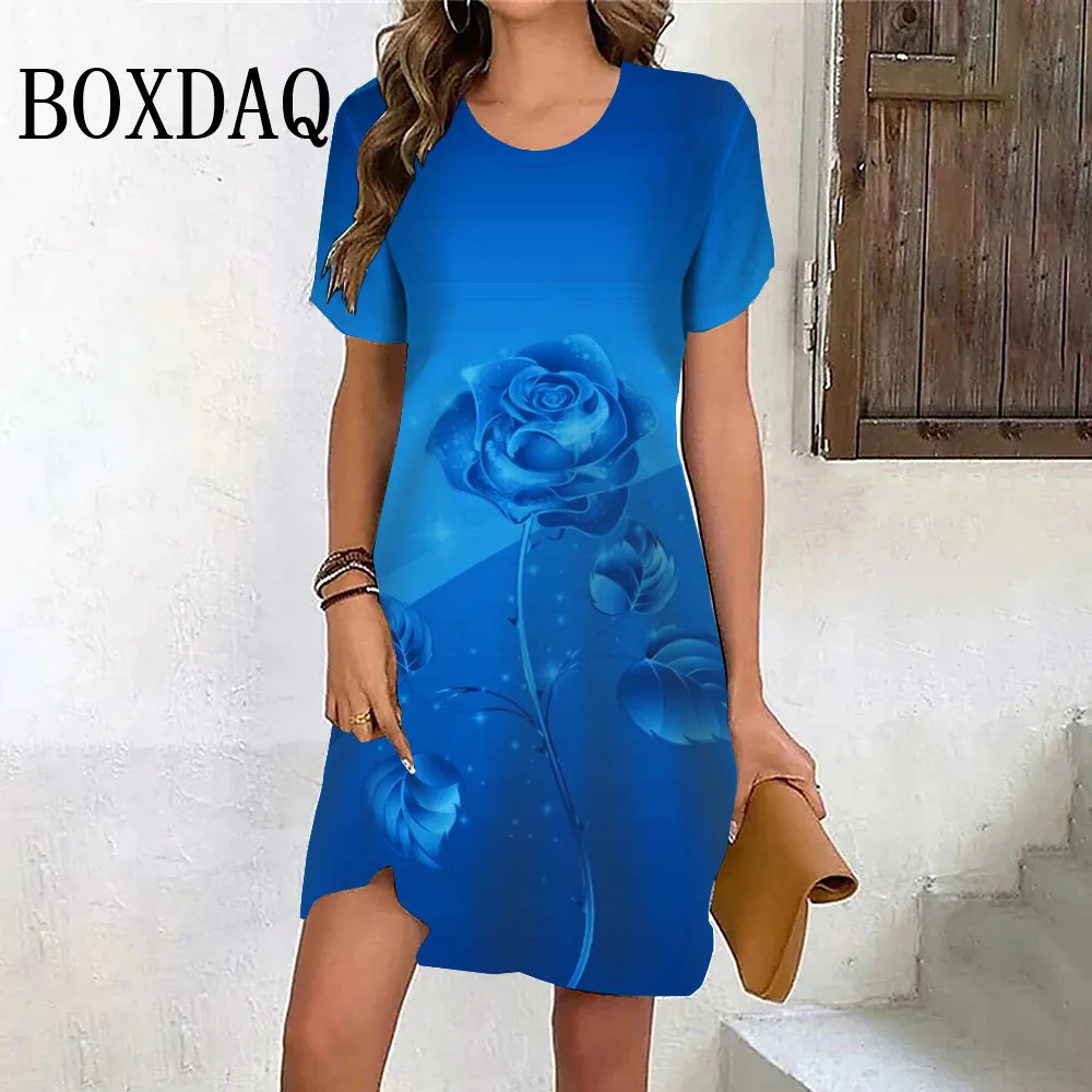 Blue Rose Flower Dresses For Women 2024 Summer Casual 3D Print Dress Short Sleeve O-Neck Fashion Clothing Ladies New Mini Dress